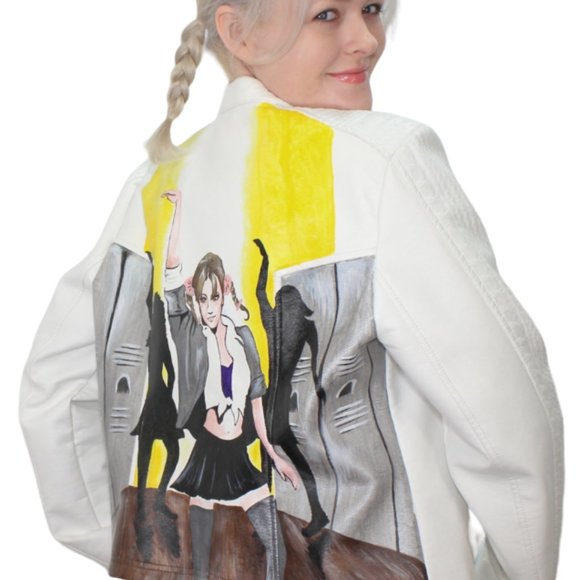 Britney Inspired Hand-Painted Faux Leather Jacket White Large - Picture 5 of 11